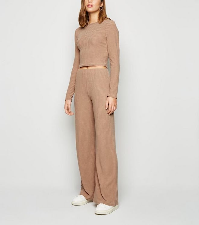 Camel Ribbed Crop Top and Trouser Set