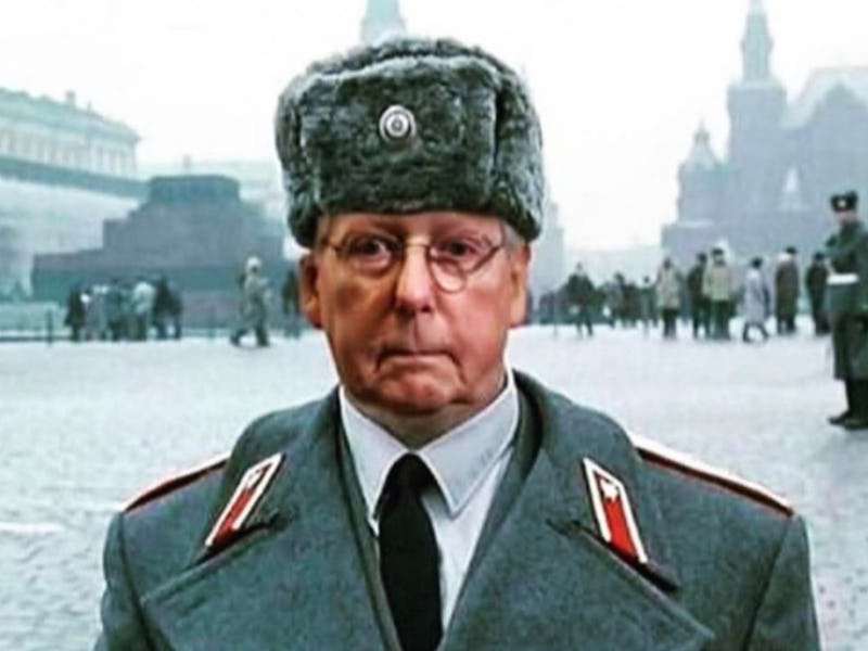 A doctored image of Mitch McConnell as a Soviet soldier in military garb.
