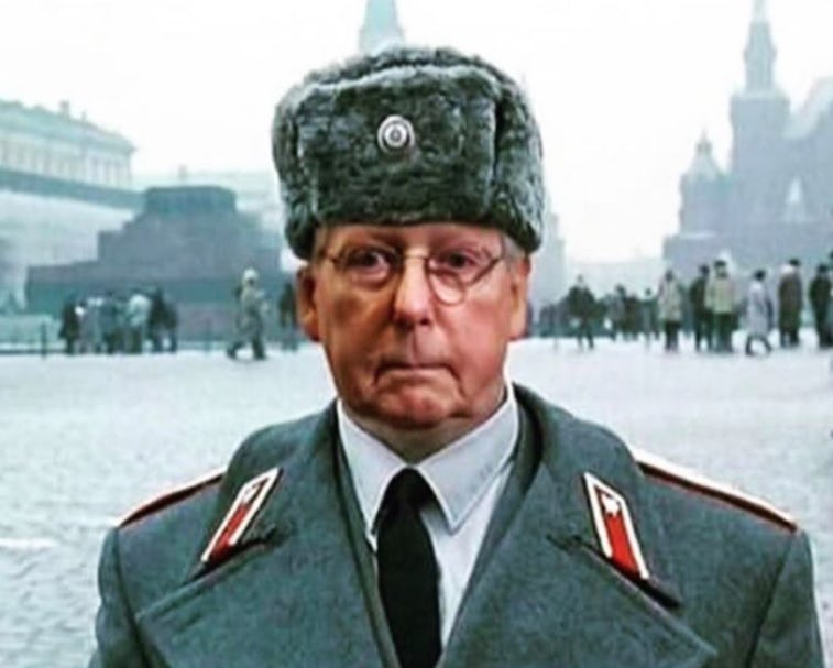 A doctored image of Mitch McConnell as a Soviet soldier in military garb.