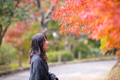 Young woman looking at autumn leaves