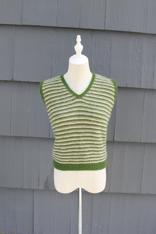 Green and Tan Striped Knit Sweater Vest