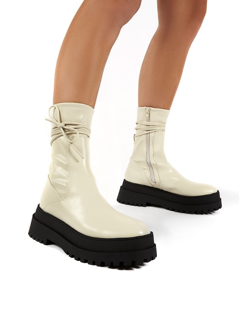 FINALE CREAM CHUNKY SOLE ANKLE WRAP BOOTS