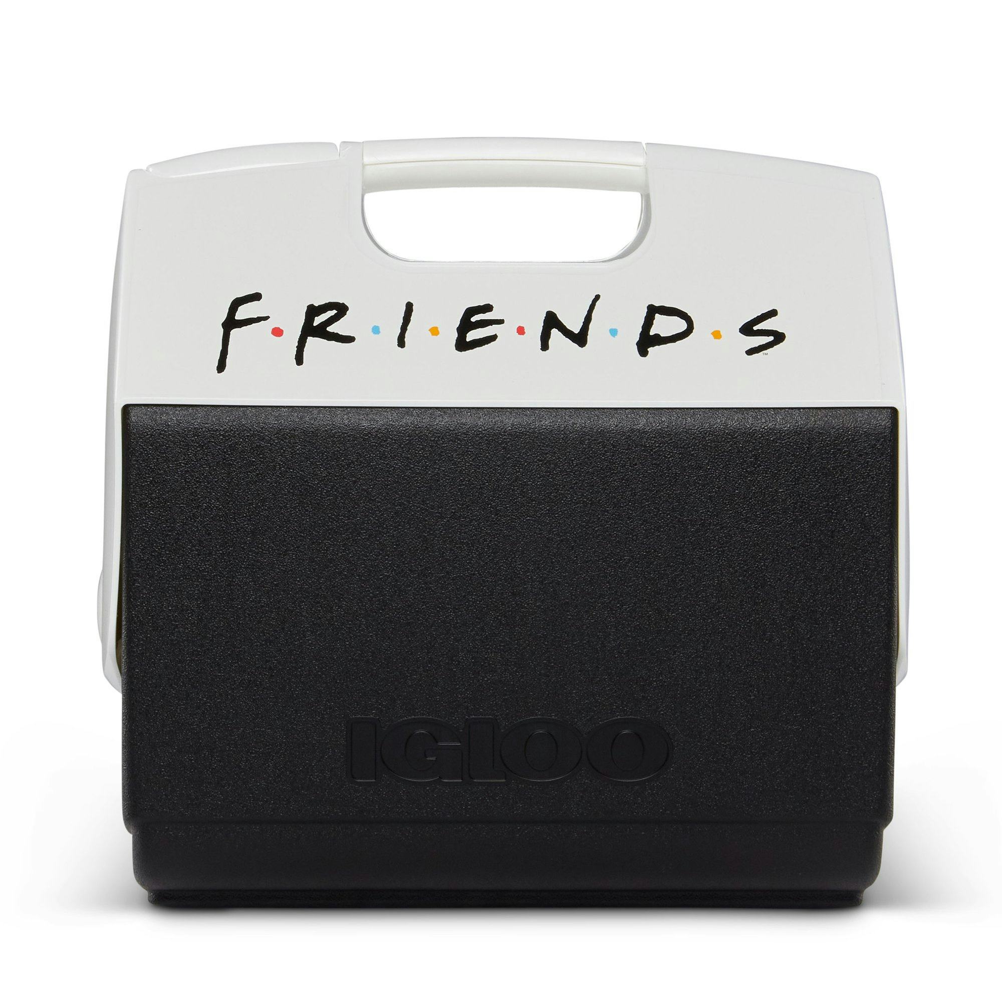 A black cooler with white top, emblazoned with the logo for "Friends."