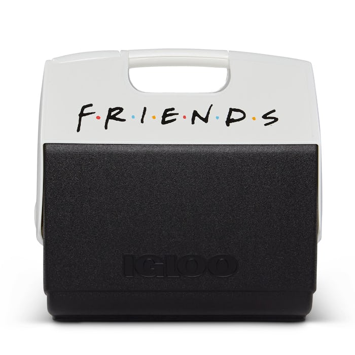 A black cooler with white top, emblazoned with the logo for "Friends."