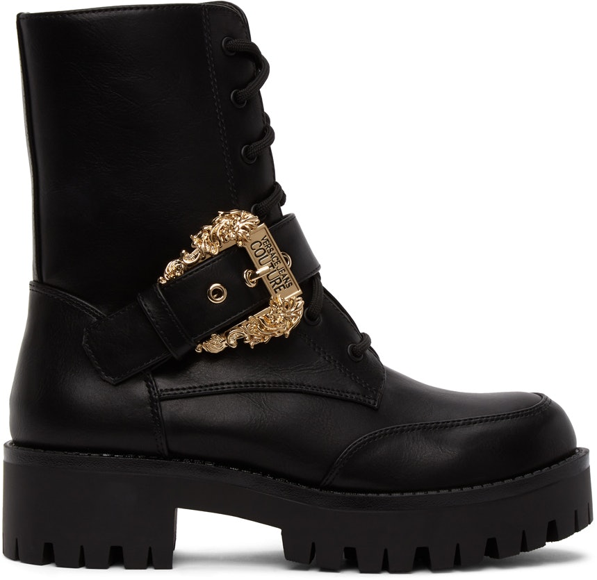 black combat boots with gold buckles