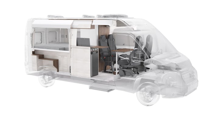 A Vöhringer camper van's interior can be seen. It is small, compact, and easily removable unit by un...
