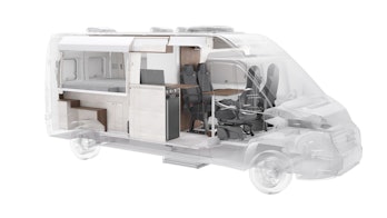 A Vöhringer camper van's interior can be seen. It is small, compact, and easily removable unit by un...