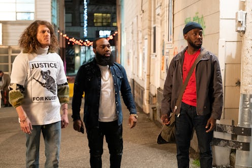 Blake Anderson as Gunther, T. Murph (as Clovis), and Lamorne Morris (as Keef) in 'Woke' via Hulu's p...