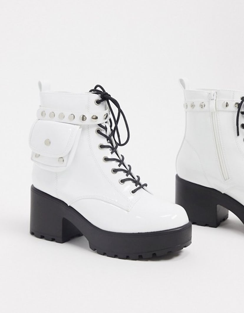 Vegan lace up pocket boot in white