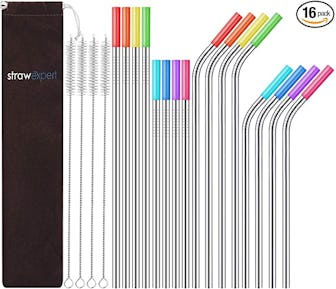 StrawExpert Reusable Stainless Steel Straws (Set of 16)