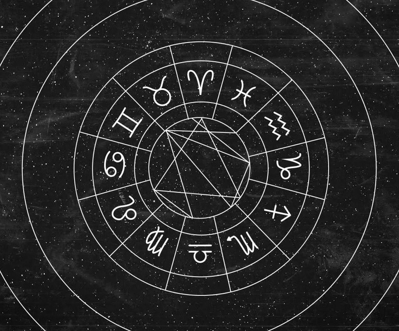 A black and white Zodiac constellation wheel chart