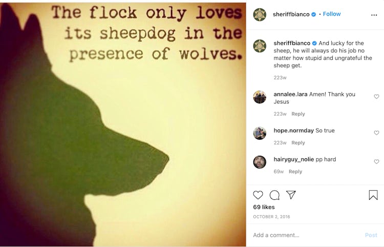A screenshot of a meme from Sheriff Bianco that says "The flock only love its sheepdog in the presen...