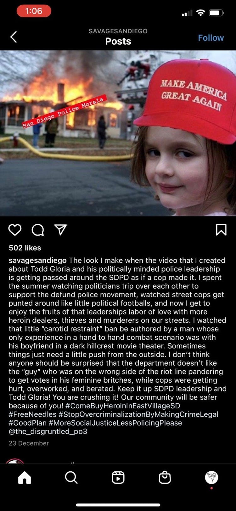 A screenshot of a post from "Savage San Diego" that includes a girl burning a building in a "Make Am...