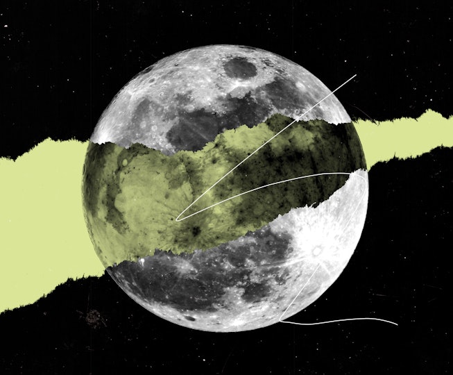 Black and white image of a full moon additional edited with a pale yellow streak and graphic lines  
