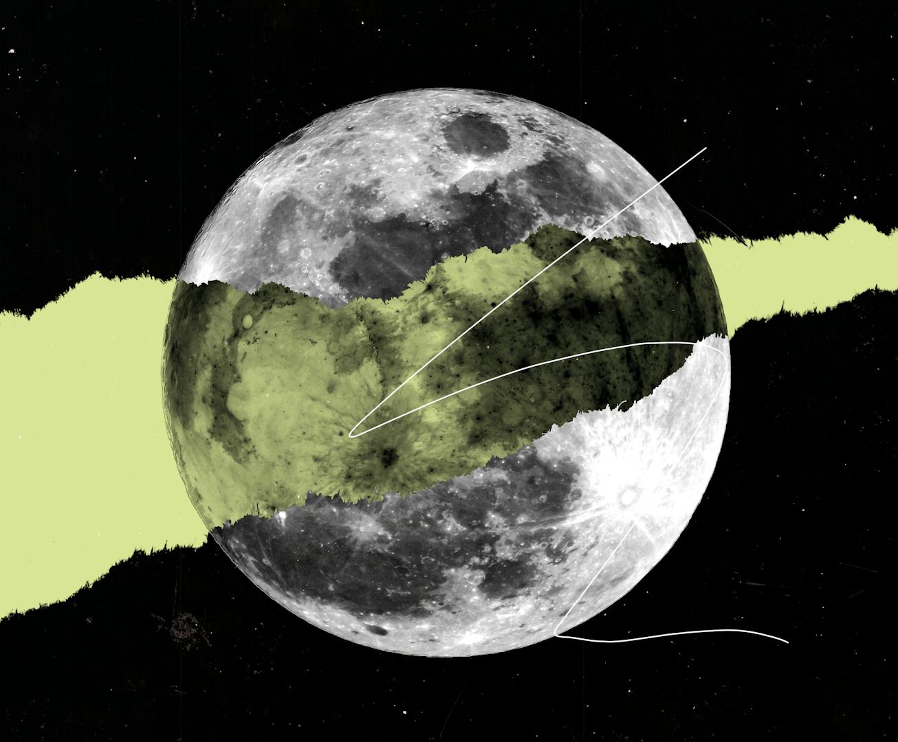 Black and white image of a full moon additional edited with a pale yellow streak and graphic lines