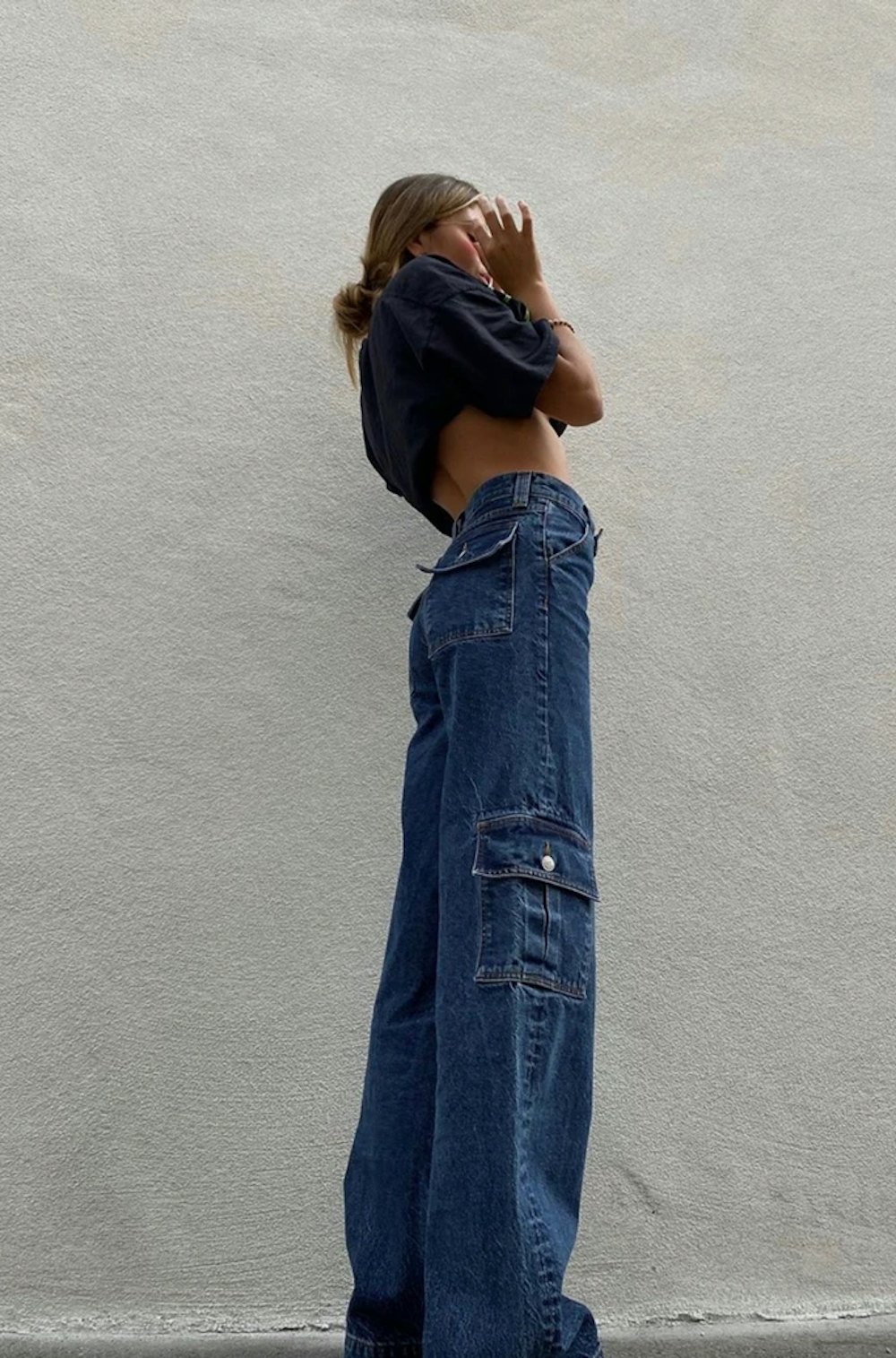 Bershka high waisted super baggy jeans in mid blue dirty wash