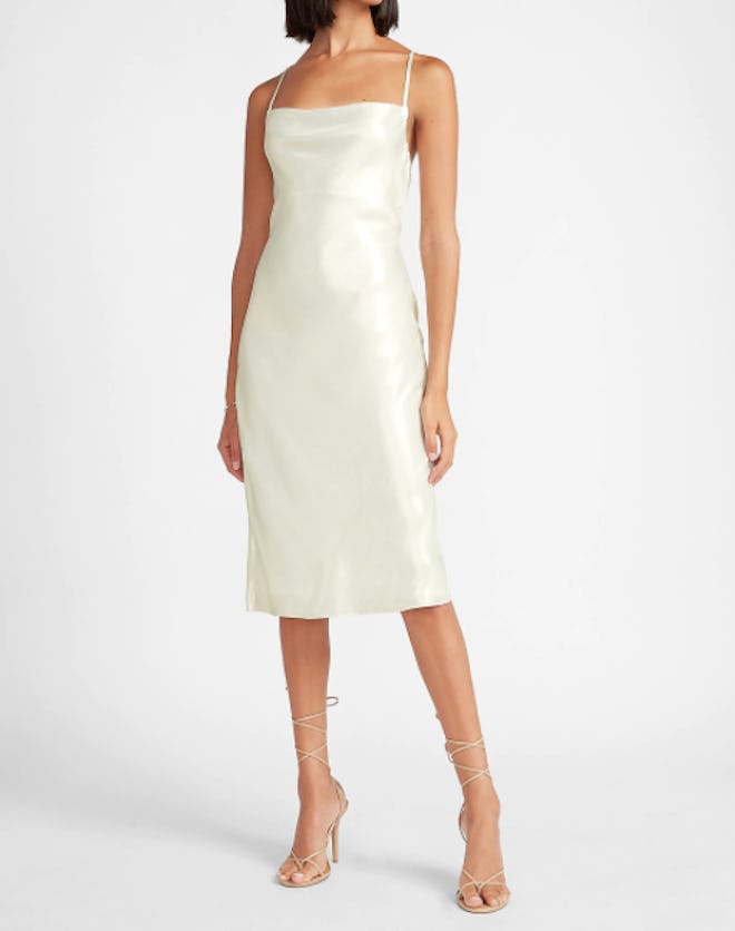 Metallic Cowl Neck Cross Back Midi Slip Dress