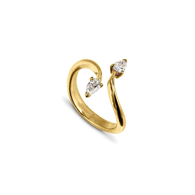 Gold Sculptural Ring With Two Pear Diamonds