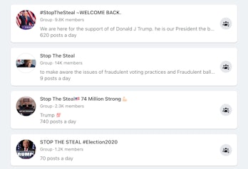 Screenshot of Facebook search results for "stop the steal"