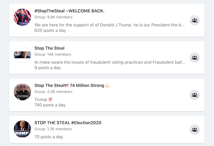 Screenshot of Facebook search results for "stop the steal"