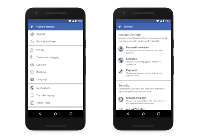 Pre-2018 Facebook settings and pre-2021 Facebook settings screenshot