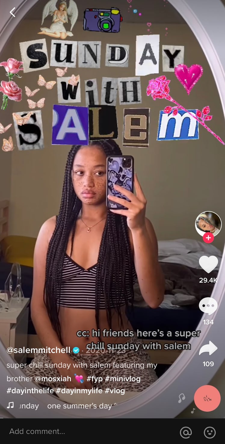 A TikTok user films a catchy introduction with artsy lettering for a daily vlog on TikTok.