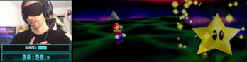 A relieved Bubzia in the moment he realizes he completed his Super Mario 64 speedrun.