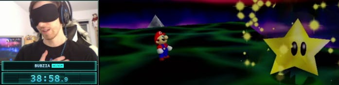 A relieved Bubzia in the moment he realizes he completed his Super Mario 64 speedrun.