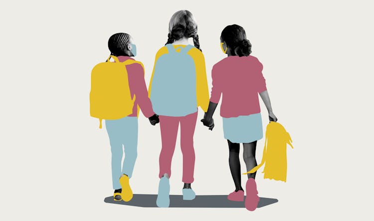 An illustration of three kids with backpacks and face masks holding hands and walking 