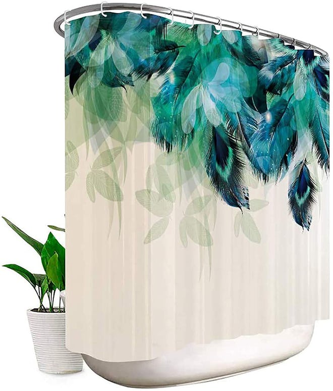 Riyidecor Clawfoot Tub Watercolor Peacock Shower Curtain