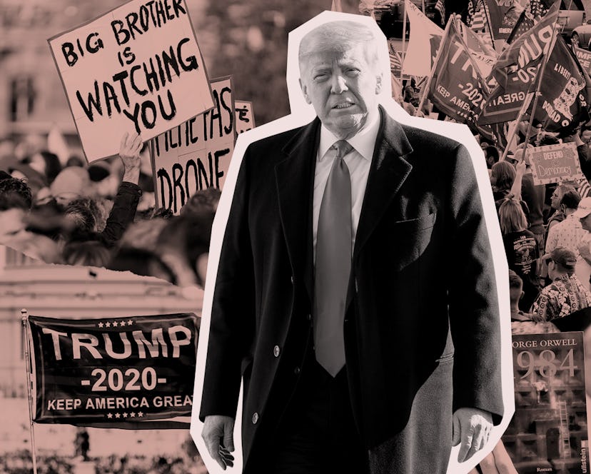 Donald Trump standing in black and white with the insurrection in the Capitol behind him