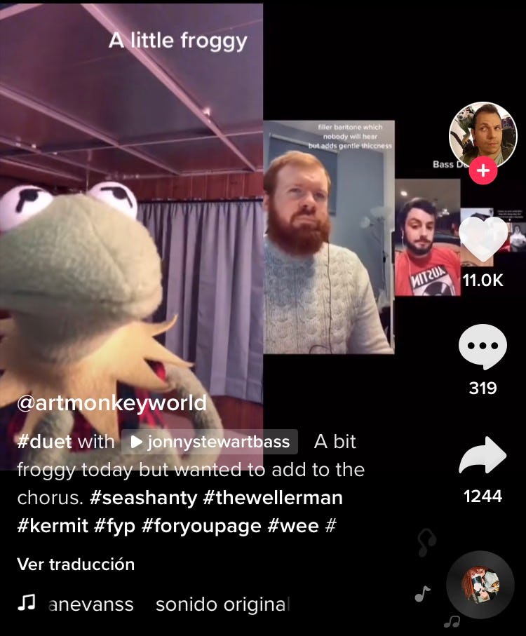 A screenshot of a Sea Shanty TikTok duet chain.