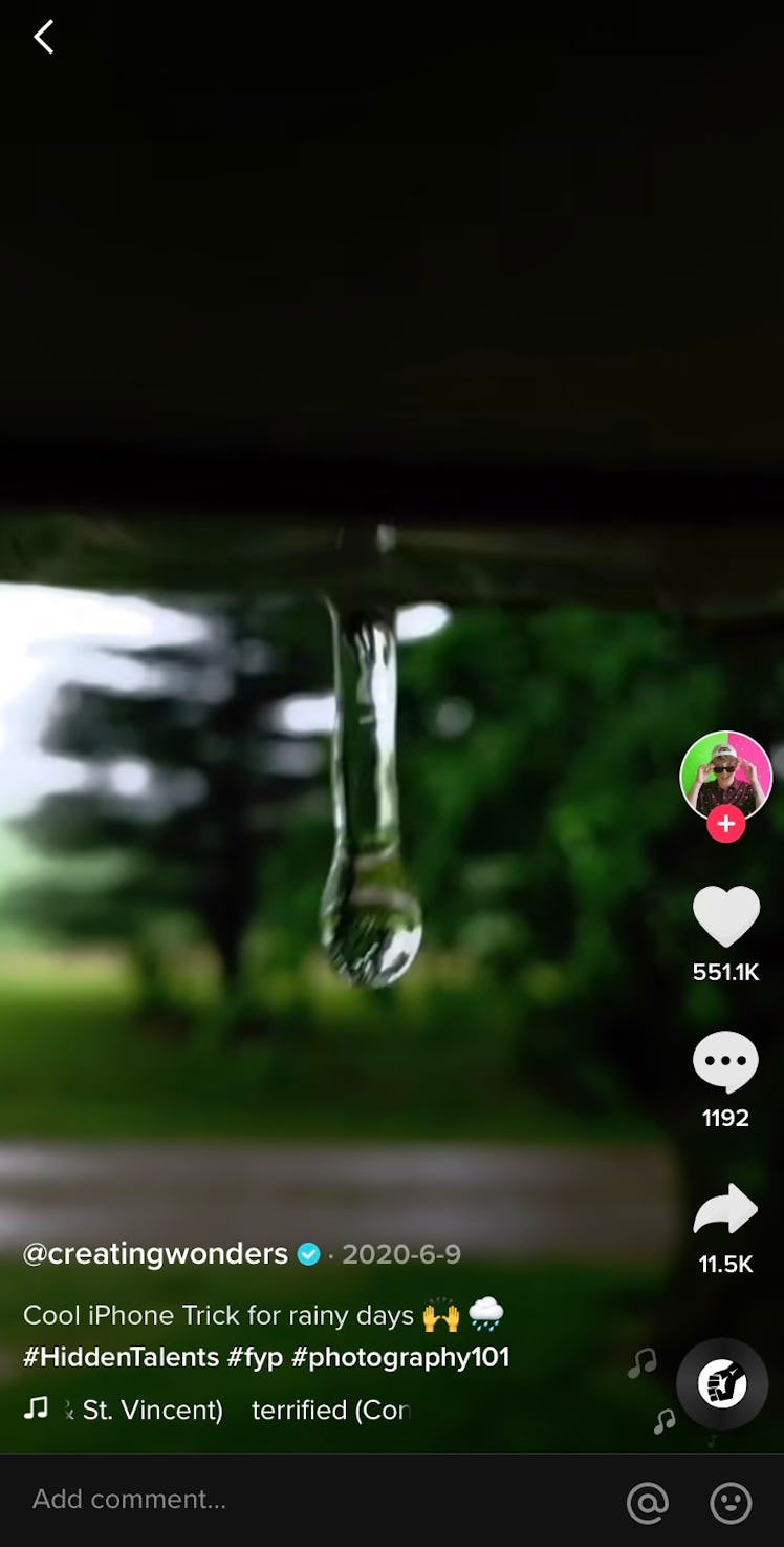 A TikTok user captures a stunning video of a raindrop while using tiktok iPhone hacks.