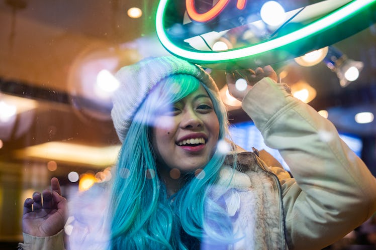 Young woman with blue hair