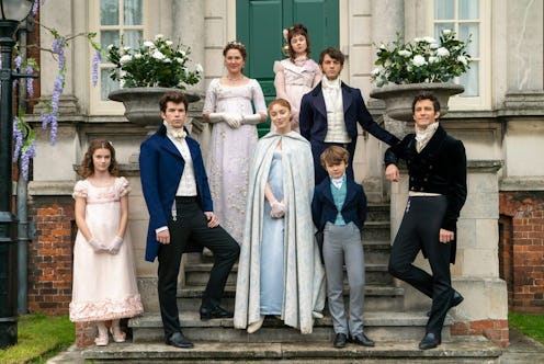 the bridgerton siblings in their finery on the steps of their london house