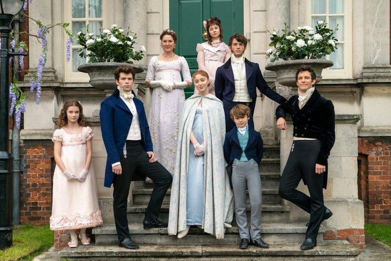 the bridgerton siblings in their finery on the steps of their london house