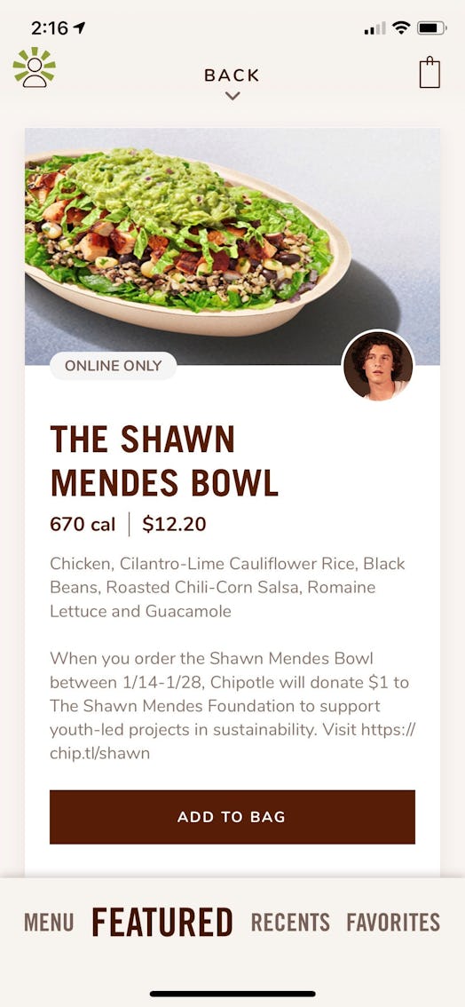 The Shawn Mendes Bowl at Chipotle features the new cauliflower rice.