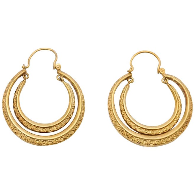 Victorian Engraved Gold Double Creole Hoop Earrings 