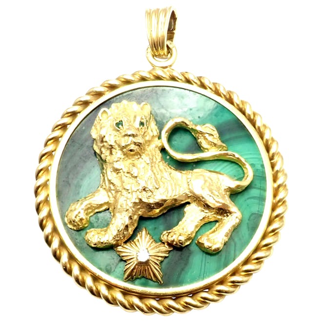 Malachite Diamond Zodiac Yellow Gold Large Pendant