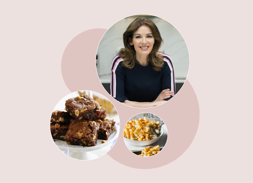 A collage of Nigella Lawson next to served brownies and macaroni cheese