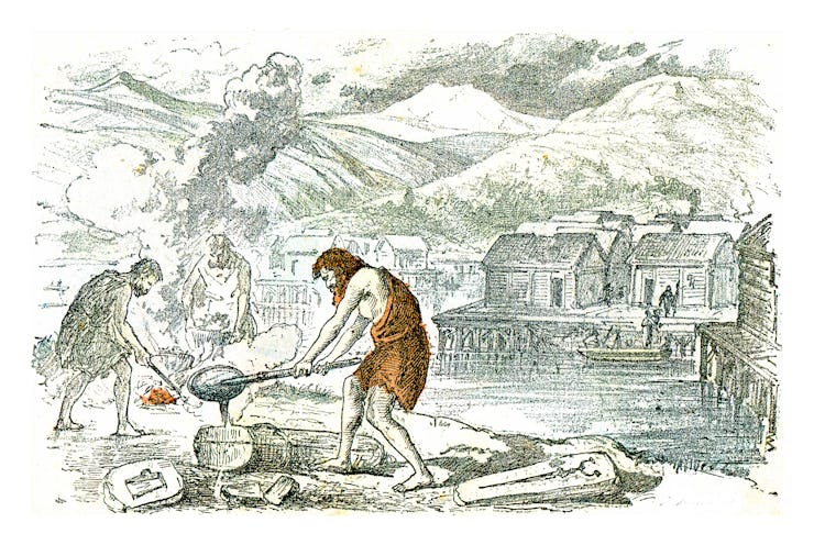 A foundry workshop on the outskirts of a lake town, in the Bronze Age, vintage engraved illustration...