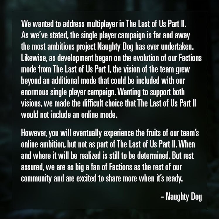 Last of Us part 2 multiplayer statement by Naughty Dog 