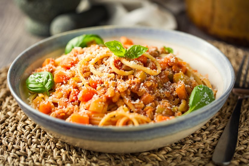 Veghan Spaghetti Bolognese served with a fork