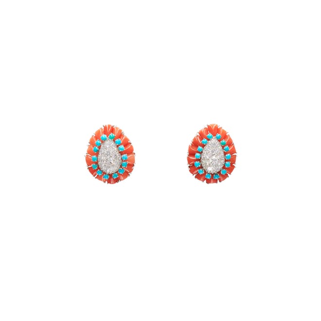 Coral, Turquoise and Diamond Paisley Earrings 