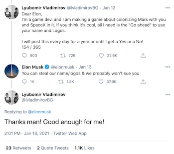 The Twitter exchange between Elon Musk and Lyubomir Vladimirov.
