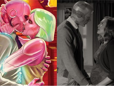 Side by side photos of the movie WandaVision characters and the comic book illustration