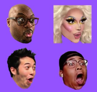 Four popular meme faces on purple background