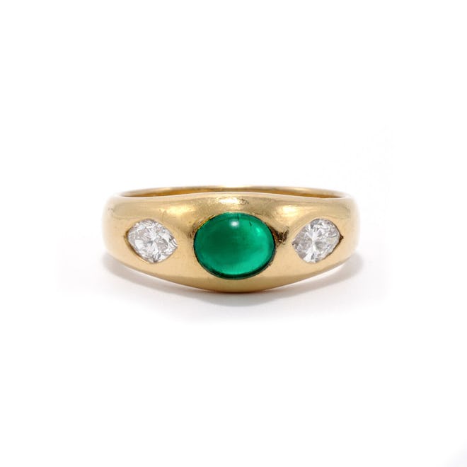 Emerald Cabochon With Marquise Diamonds Gypsy Ring