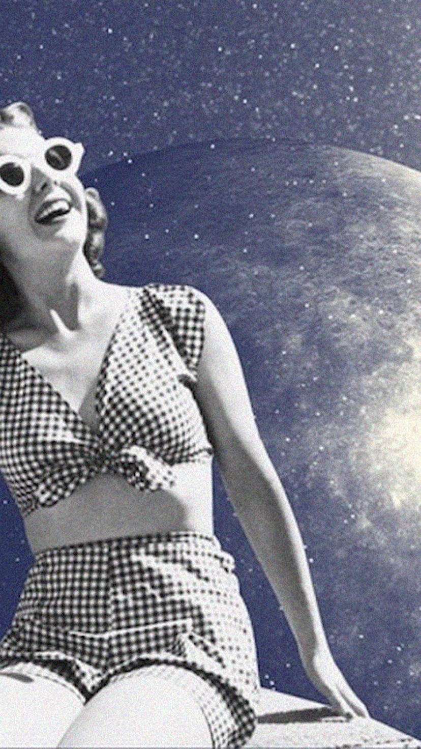 A woman wearing vintage checked ensemble and sunglasses, smiling with Mercury in her background