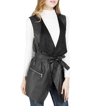 DIASHINY Sleeveless Faux-Leather Long Vest